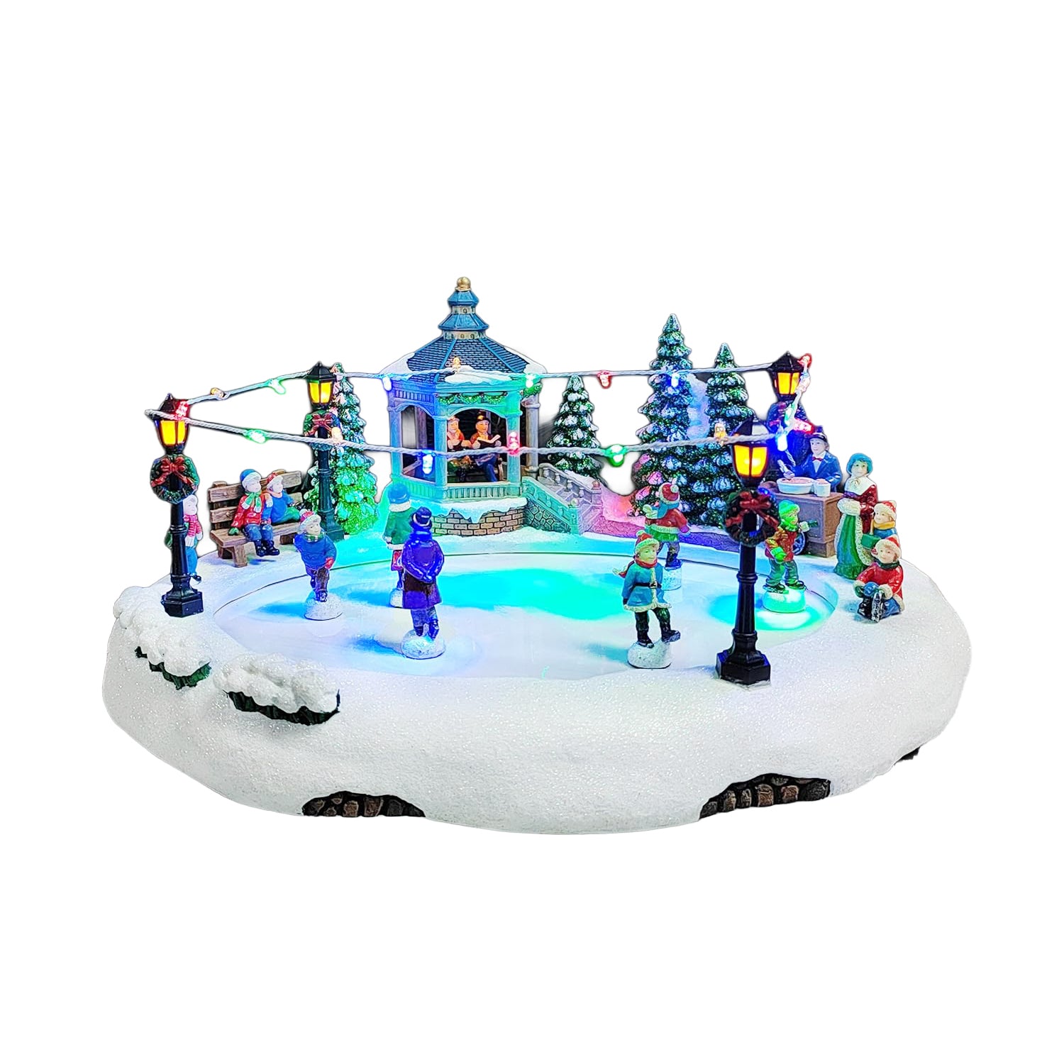 Animated Skating Pond 7.28”H LED Christmas Village Display with Moving Skaters, Lights & Music