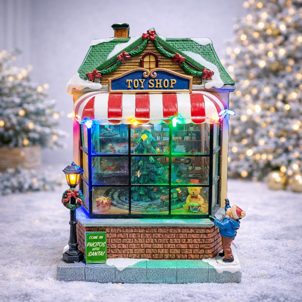 Animated Toy Shop Christmas Village House Moments in Time with LED Lights and Music
