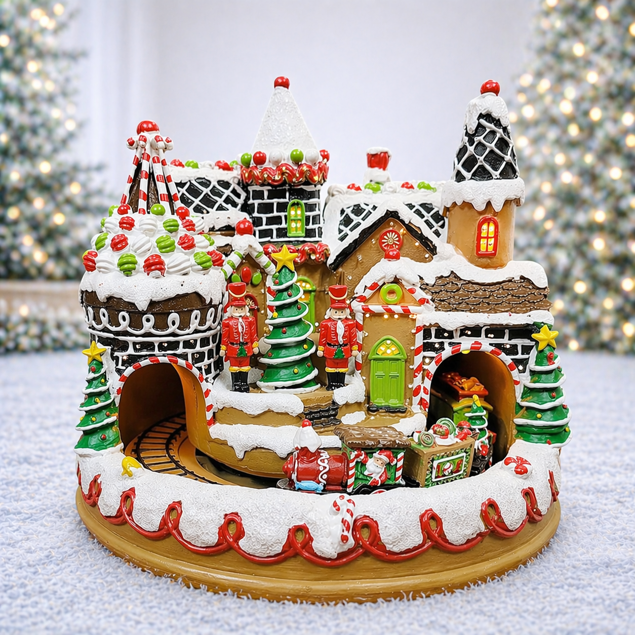 Animated Gingerbread Train Station 10.63” with Moving Train