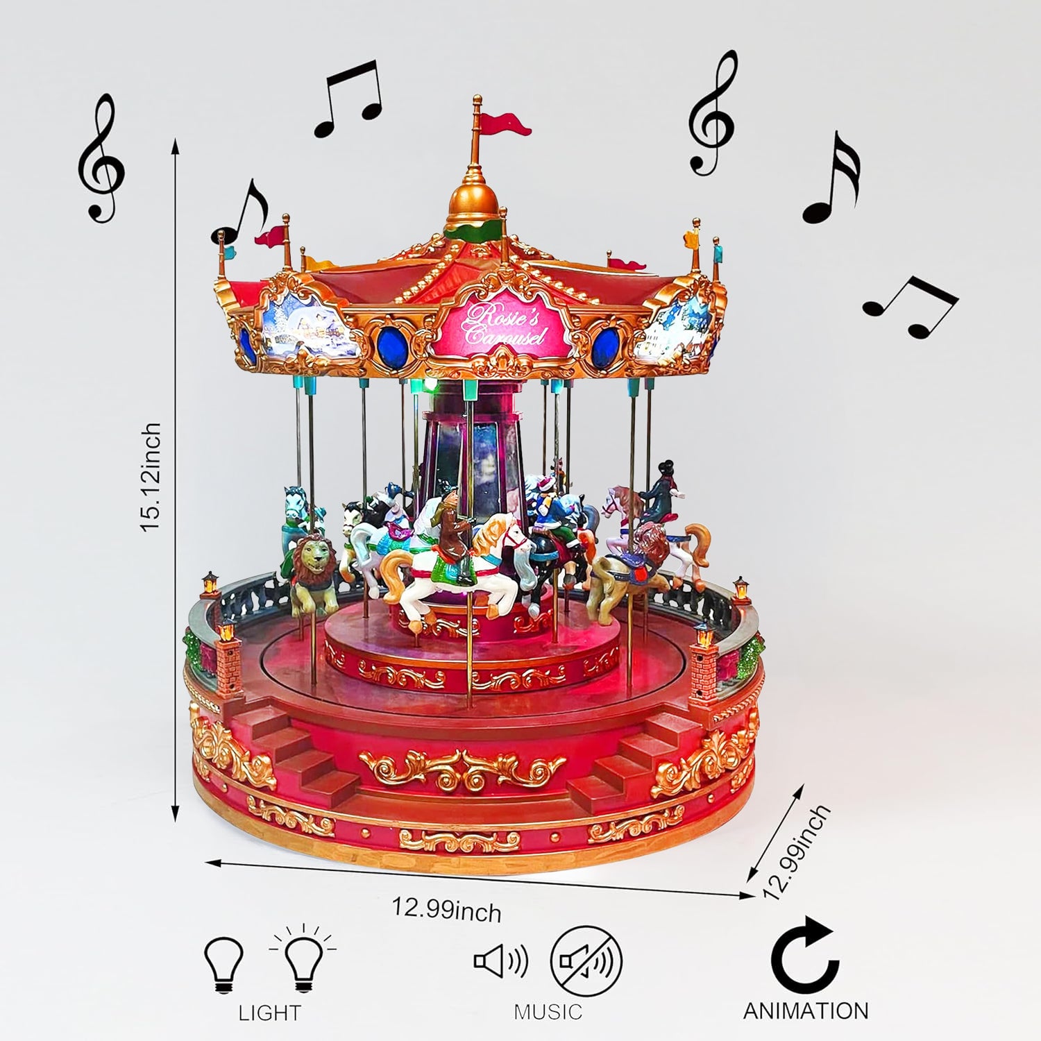 Rosie’s Carousel (Moving Carousel) 15.2“H LED Lights