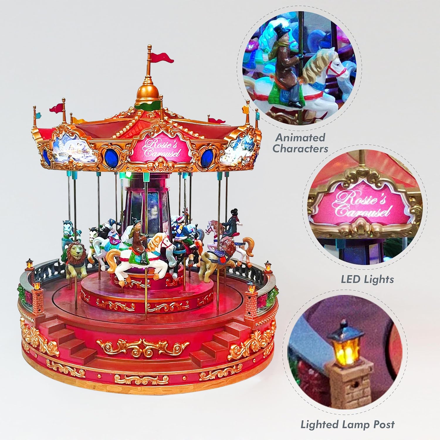 Rosie’s Carousel (Moving Carousel) 15.2“H LED Lights