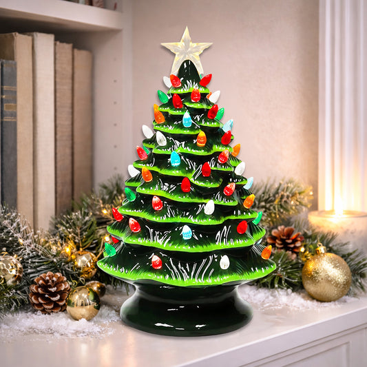 Ceramic Christmas Tree 14”H LED Lighted Vintage Inspired Tabletop Décor