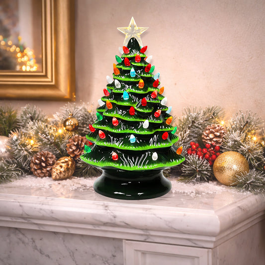 Ceramic Christmas Tree 14”H LED Lighted Vintage Inspired Tabletop Décor