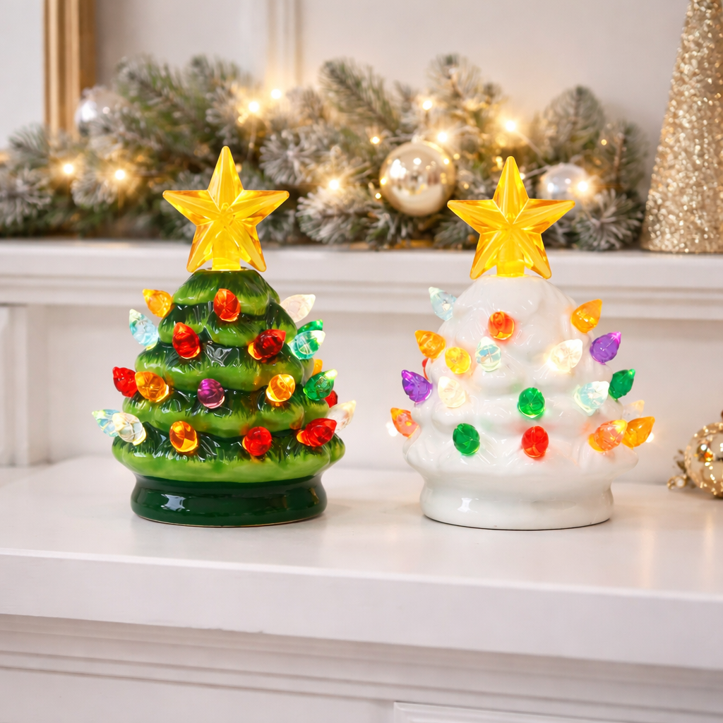 Ceramic Christmas Tree Set of 2 Mini 3.5”H LED Light Up Tabletop Trees with Multicolor Bulbs & Star Topper