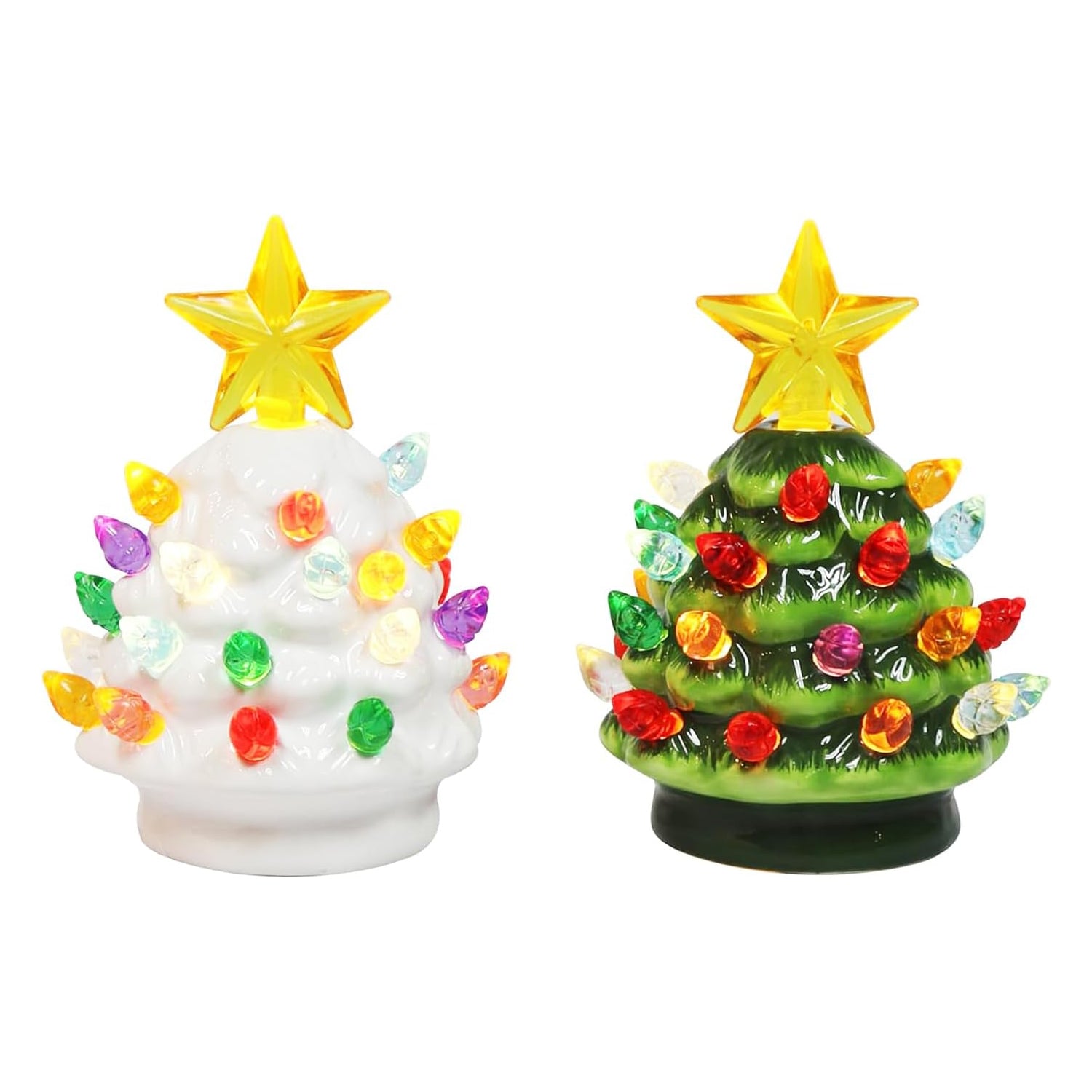Ceramic Christmas Tree Set of 2 Mini 3.5”H LED Light Up Tabletop Trees with Multicolor Bulbs & Star Topper
