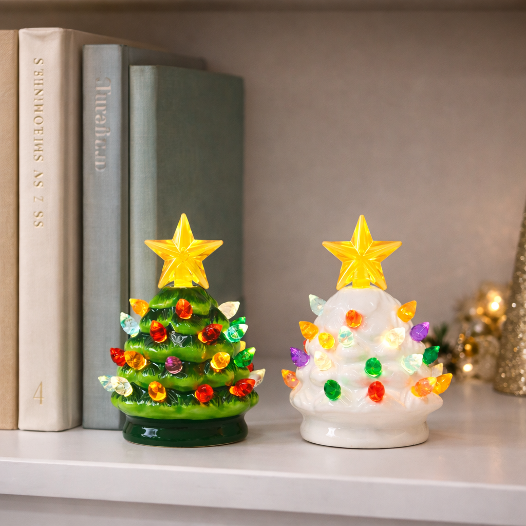 Ceramic Christmas Tree Set of 2 Mini 3.5”H LED Light Up Tabletop Trees with Multicolor Bulbs & Star Topper