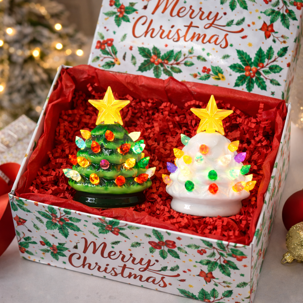 Ceramic Christmas Tree Set of 2 Mini 3.5”H LED Light Up Tabletop Trees with Multicolor Bulbs & Star Topper