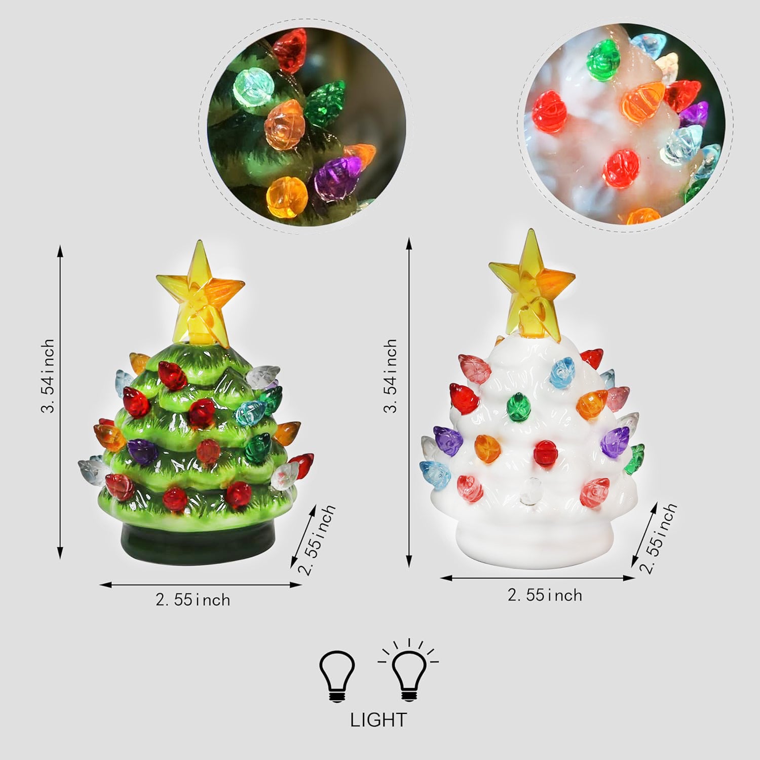 Ceramic Christmas Tree Set of 2 Mini 3.5”H LED Light Up Tabletop Trees with Multicolor Bulbs & Star Topper