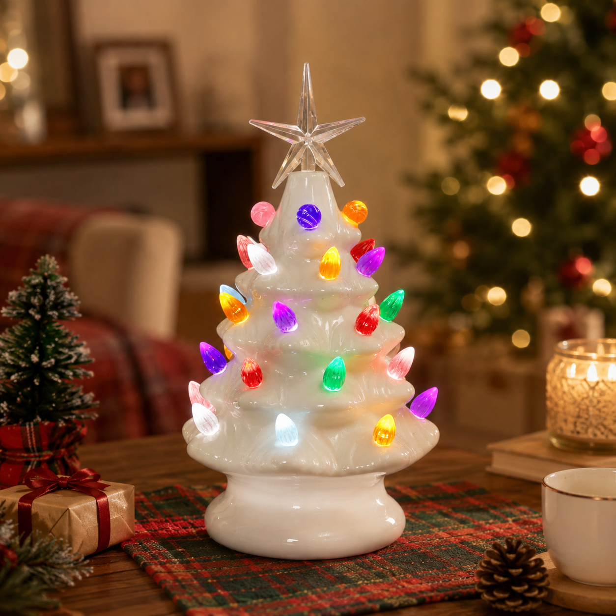 Ceramic Christmas Tree 9” White LED Lighted Pre-Lit Tabletop Tree with Multicolor Bulbs