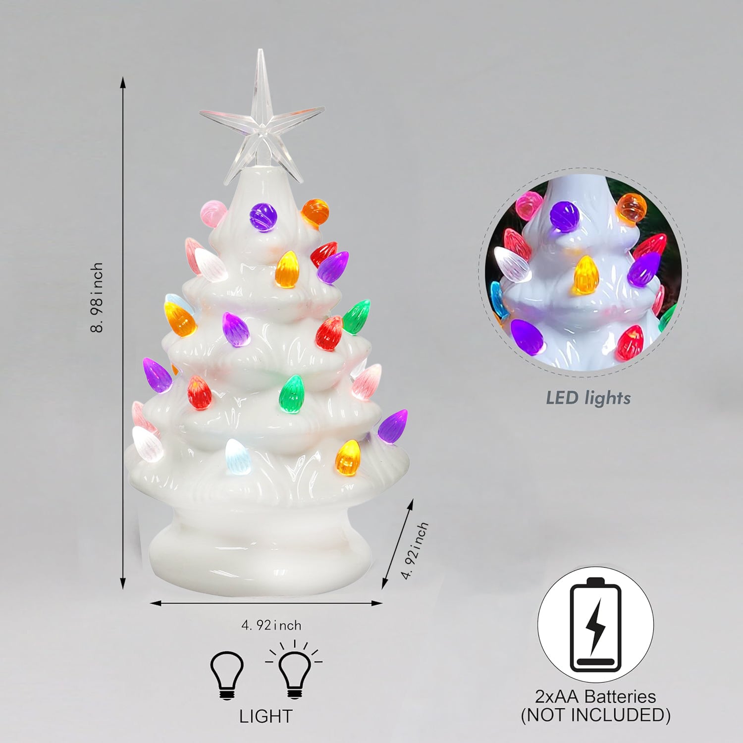 Ceramic Christmas Tree 9” White LED Lighted Pre-Lit Tabletop Tree with Multicolor Bulbs