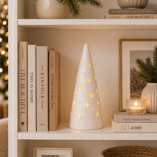 Ceramic Lighted Christmas Cone Tree by Moments in Time Battery Operated White Holiday Tabletop Décor with Built-in LED Lights Modern Minimalist Christmas Decoration 10" H