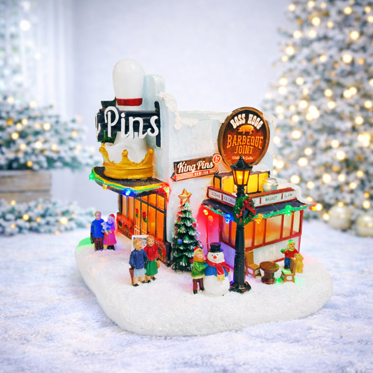 Lighted Christmas Village House King Pins Bowling Alley Scene with Figures, Tree & Snowman