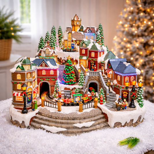 Animated Christmas Village Scene with Rotating Train LED Lighted Houses Snow Covered Town Display Holiday Tabletop Decor with Christmas Tree and Figurines