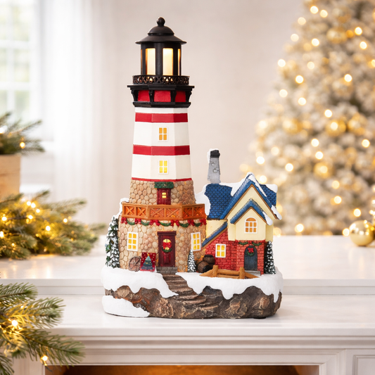 Christmas Lighthouse 13.58”H Handcrafted Polyresin LED Holiday Village Scene with Coastal House Light Up Christmas Decoration with Power Adapter