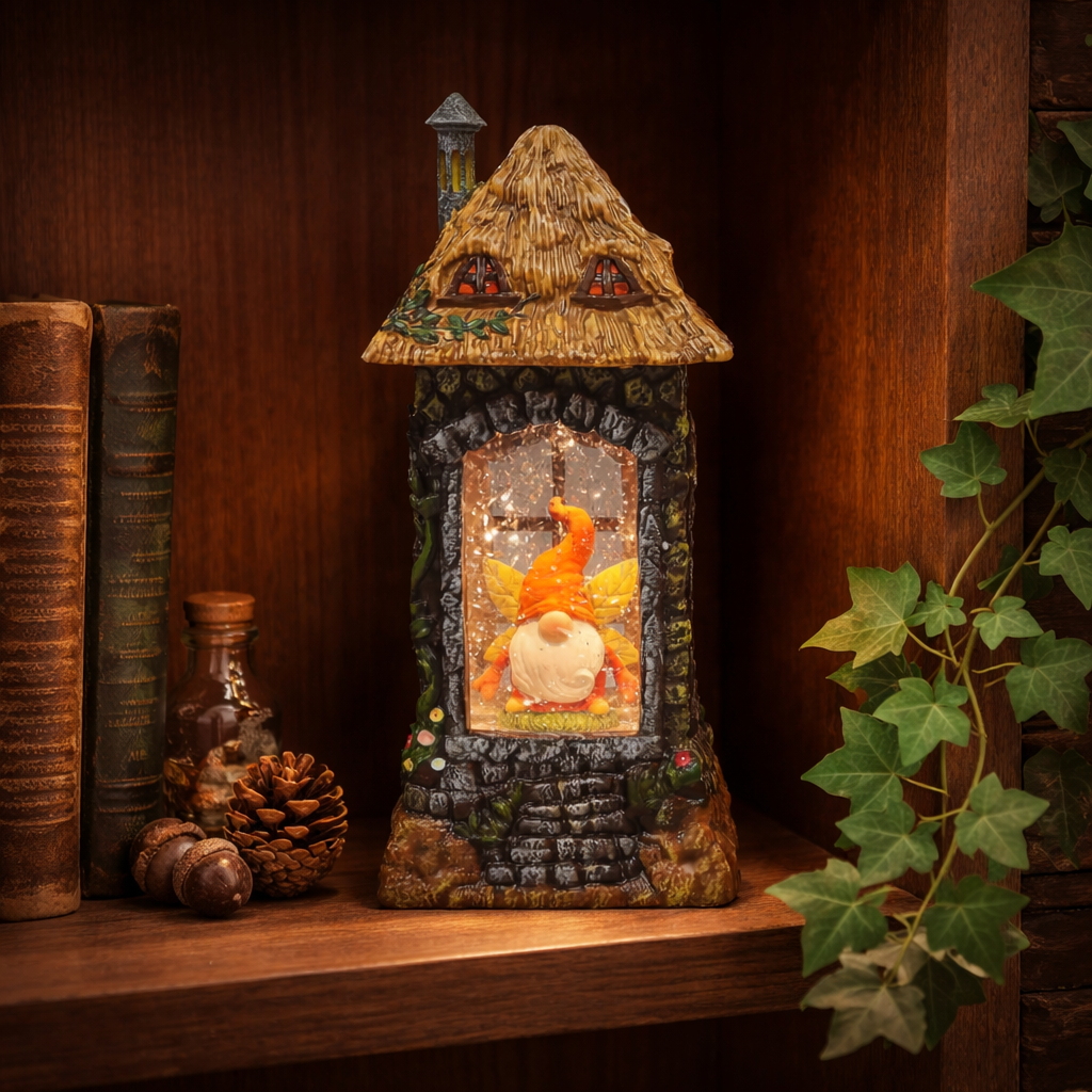 Acrylic Gnome House Lantern LED Light-Up Water Spinning Fall Decoration