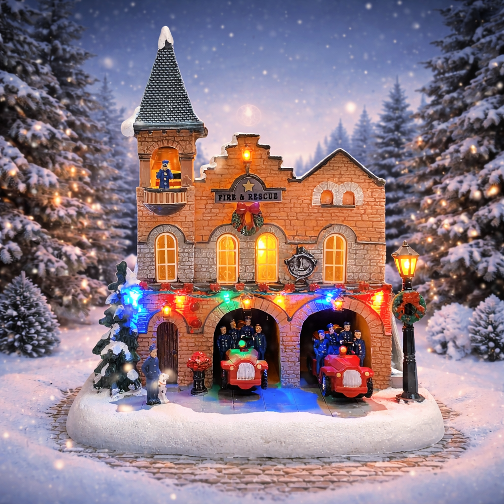 Lighted Fire Station Christmas Village 12” Animated Building with LED Lights