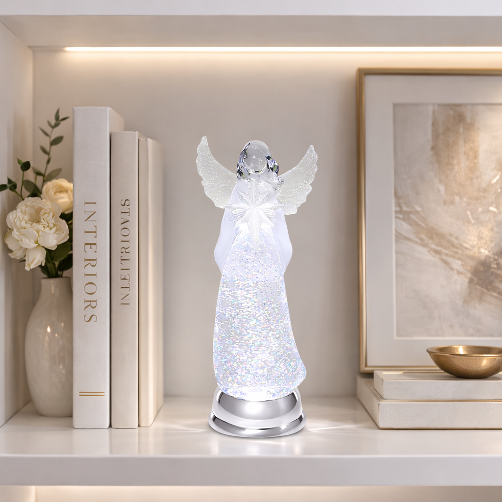 Light Up Angel Snow Globe Water Spinner LED Glitter Angel Figurine 12.8 Inch Holiday Tabletop