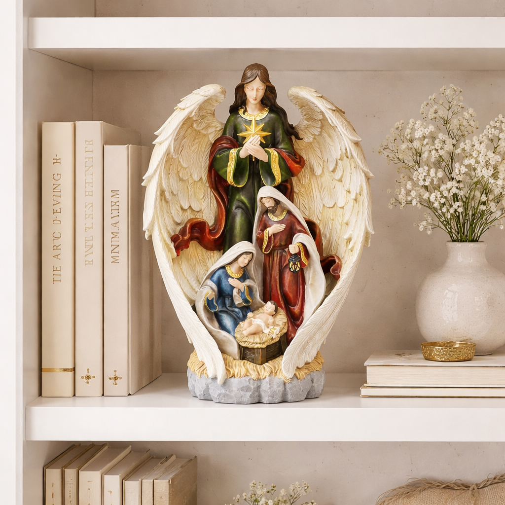 Nativity Holy Family with Angel Statue 18.6 Inch Hand Painted Polyresin