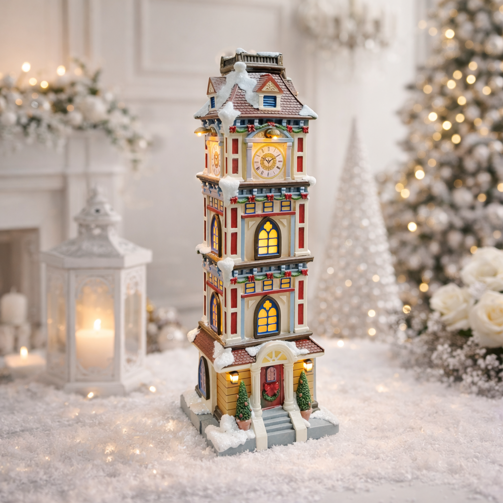 Christmas Clock Tower 14.5” LED Hand-Painted Polyresin Village Decoration