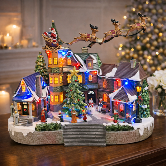 Santa Riding Sleigh Flying Over The Town Center Featuring LED Lights and Animation Power Adapter (Included)