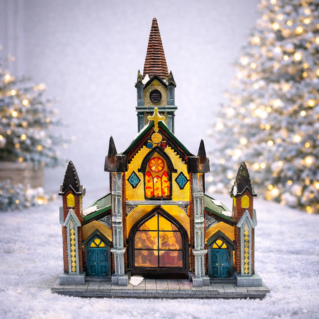 Cathedral Church Hand-Painted Polyresin Lighted Building with LED Lights
