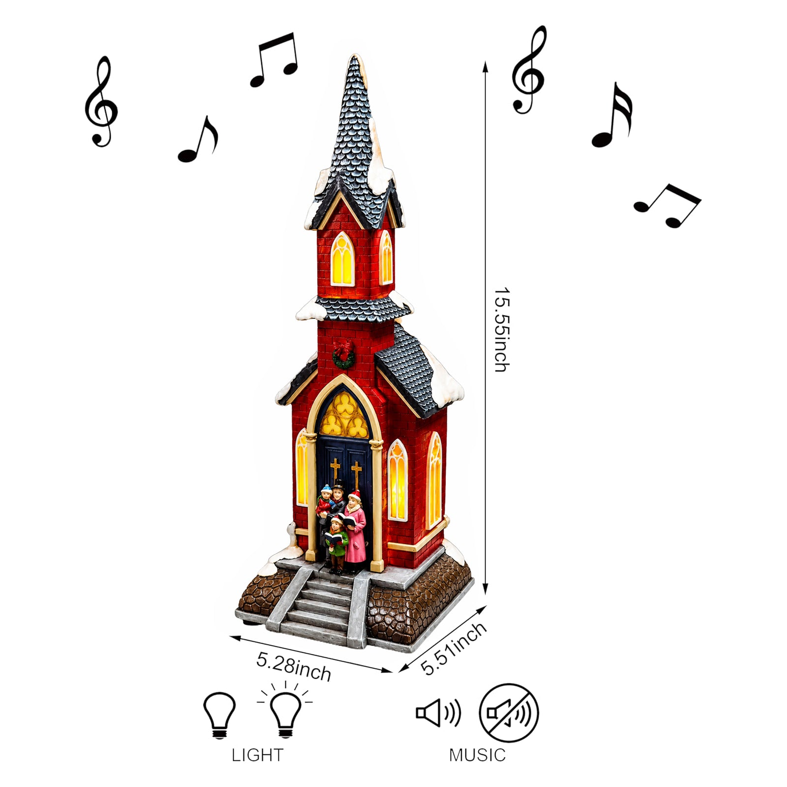 Christmas Village Red Church LED Lights 8 Classic Songs, Hand-Painted