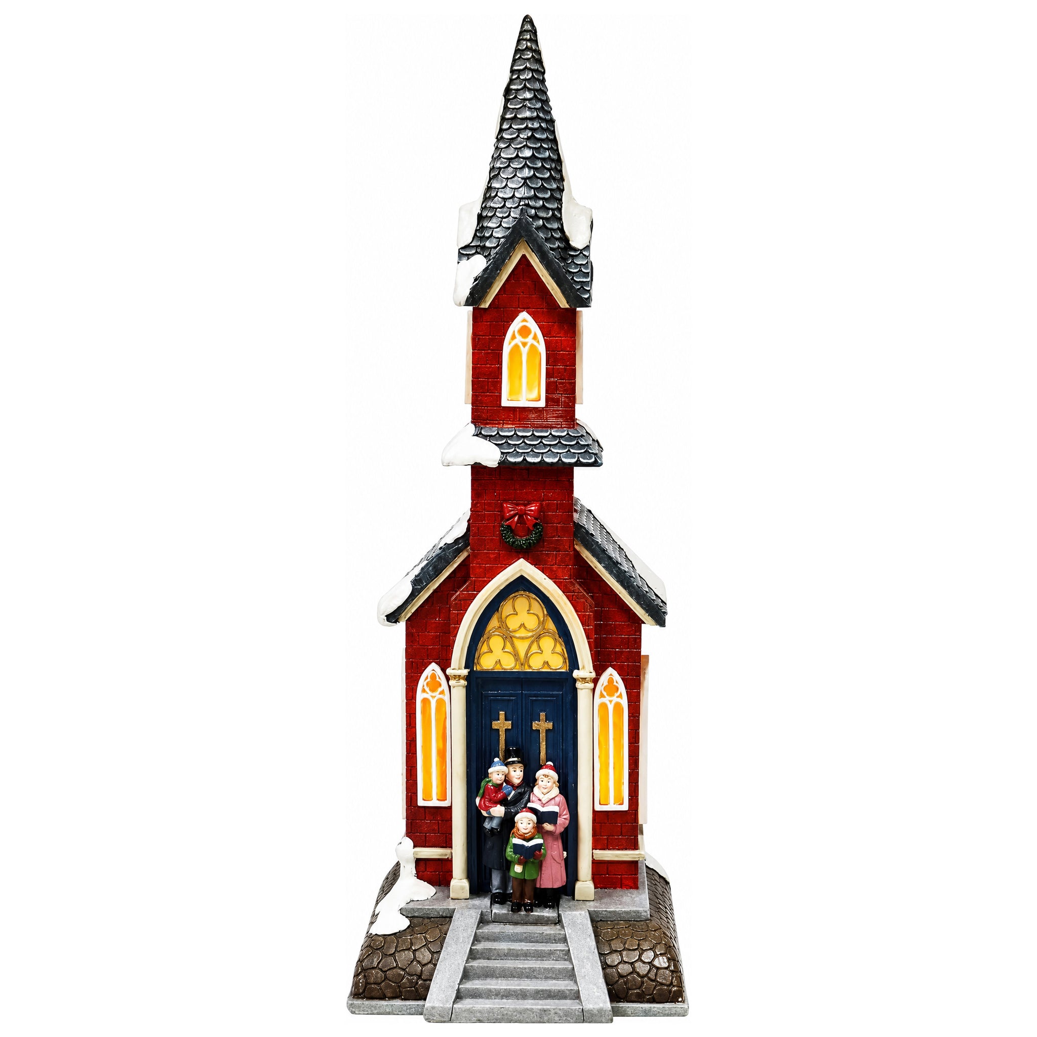 Christmas Village Red Church LED Lights 8 Classic Songs, Hand-Painted