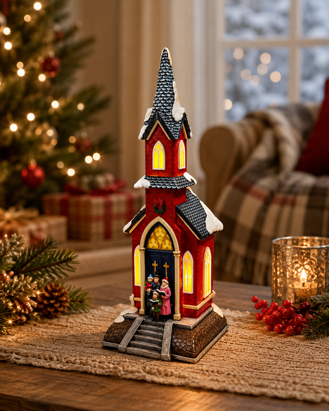 Christmas Village Red Church LED Lights 8 Classic Songs, Hand-Painted