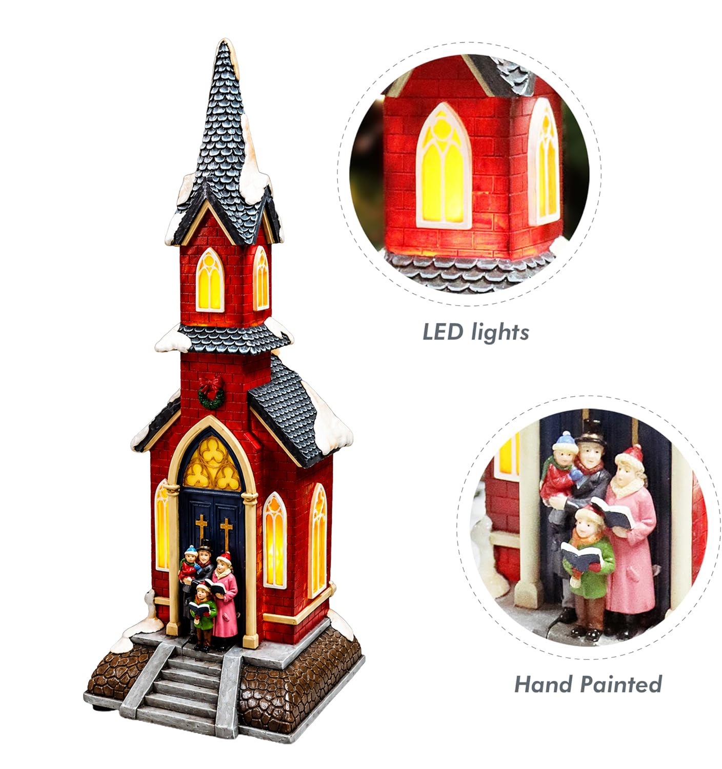 Christmas Village Red Church LED Lights 8 Classic Songs, Hand-Painted