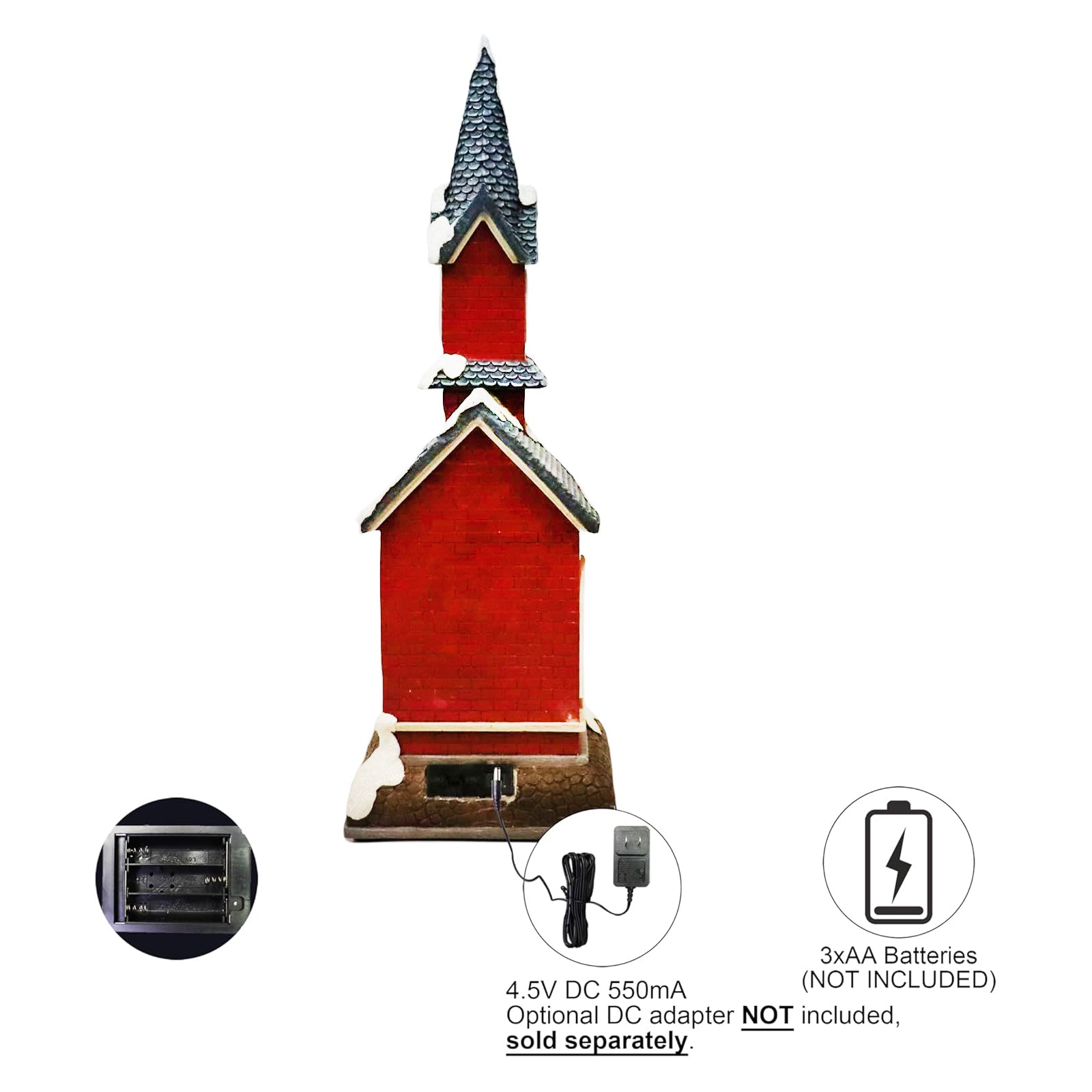 Christmas Village Red Church LED Lights 8 Classic Songs, Hand-Painted