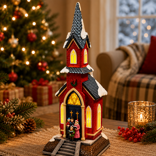 Christmas Village Red Church LED Lights 8 Classic Songs, Hand-Painted