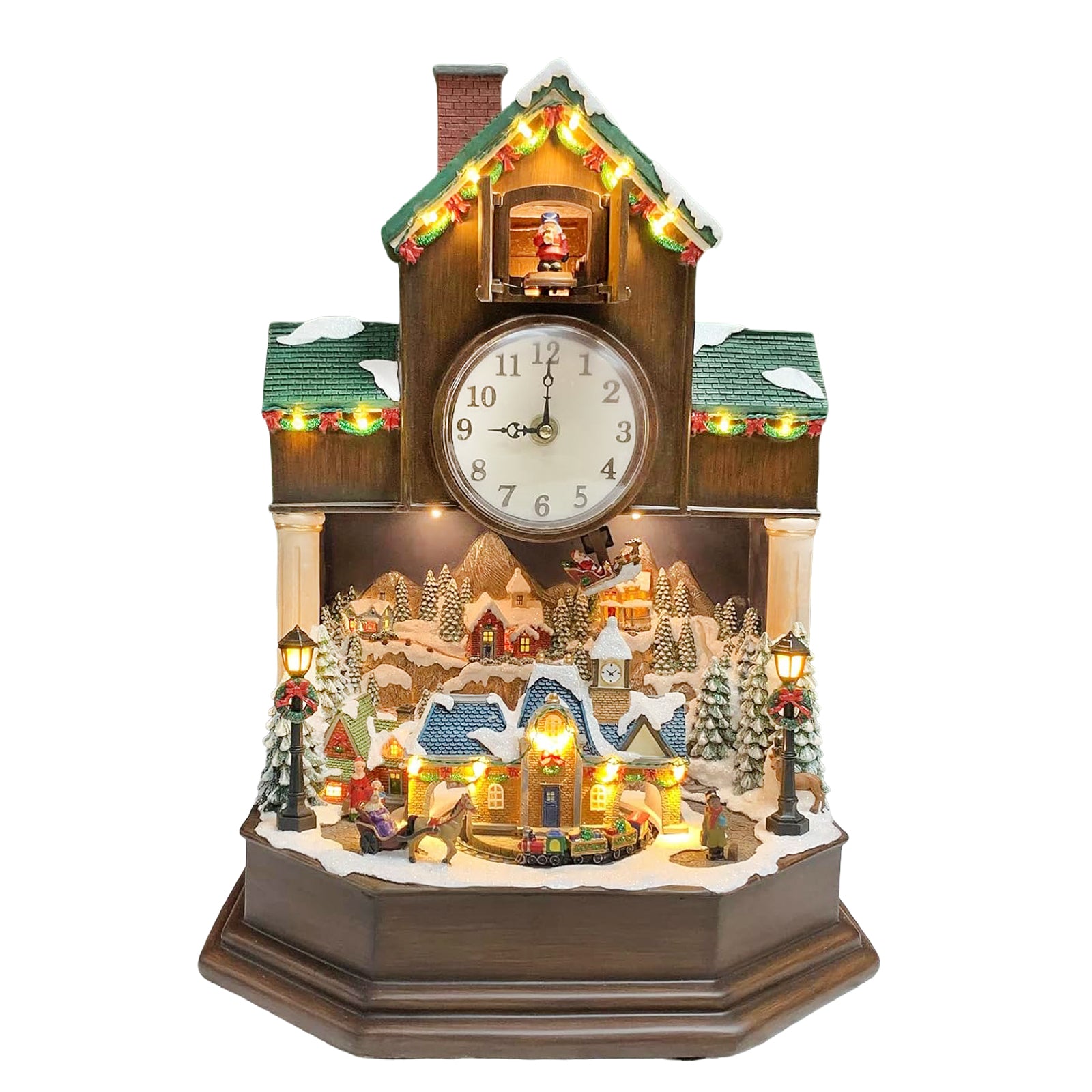 Christmas Cuckoo Clock 17.1” with Animated Christmas Village Scene LED Lights Music & Hourly Cuckoo Function Plug-in Power Adapter
