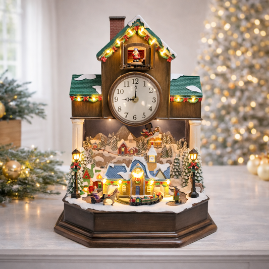 Christmas Cuckoo Clock 17.1” with Animated Christmas Village Scene LED Lights Music & Hourly Cuckoo Function Plug-in Power Adapter