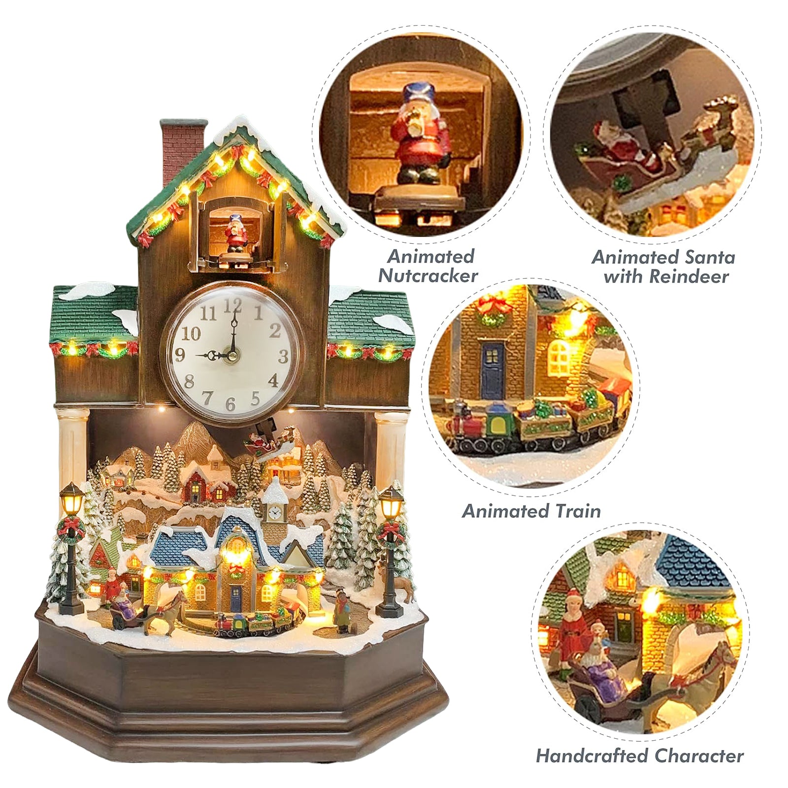 Christmas Cuckoo Clock 17.1” with Animated Christmas Village Scene LED Lights Music & Hourly Cuckoo Function Plug-in Power Adapter