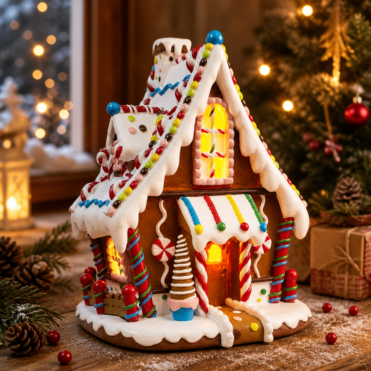 Christmas Gingerbread House Lighted Hand-Painted Resin Holiday House with LED Lights