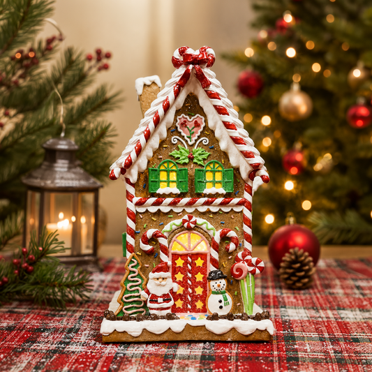 Christmas Gingerbread House Lighted Hand-Painted Resin Holiday House with LED Lights Battery Operated Festive Décor