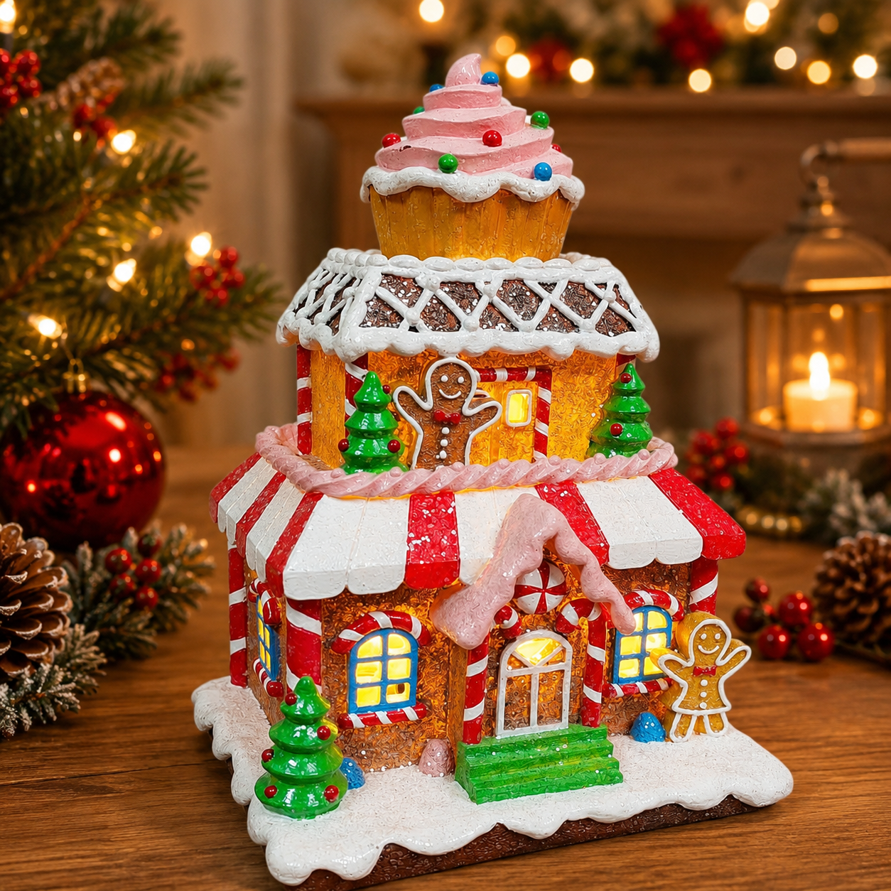 Christmas Gingerbread House Lighted Hand-Painted Resin Holiday House