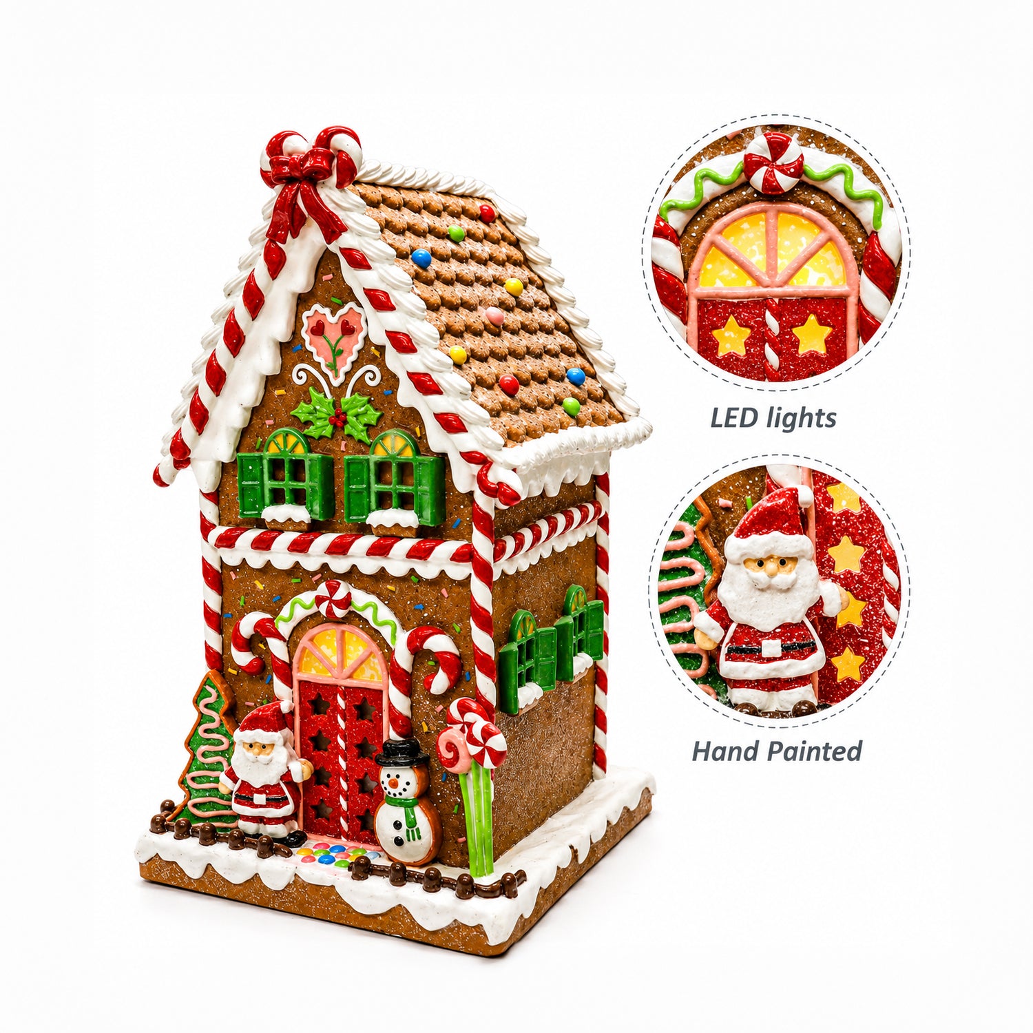 Christmas Gingerbread House Lighted Hand-Painted Resin Holiday House with LED Lights Battery Operated Festive Décor