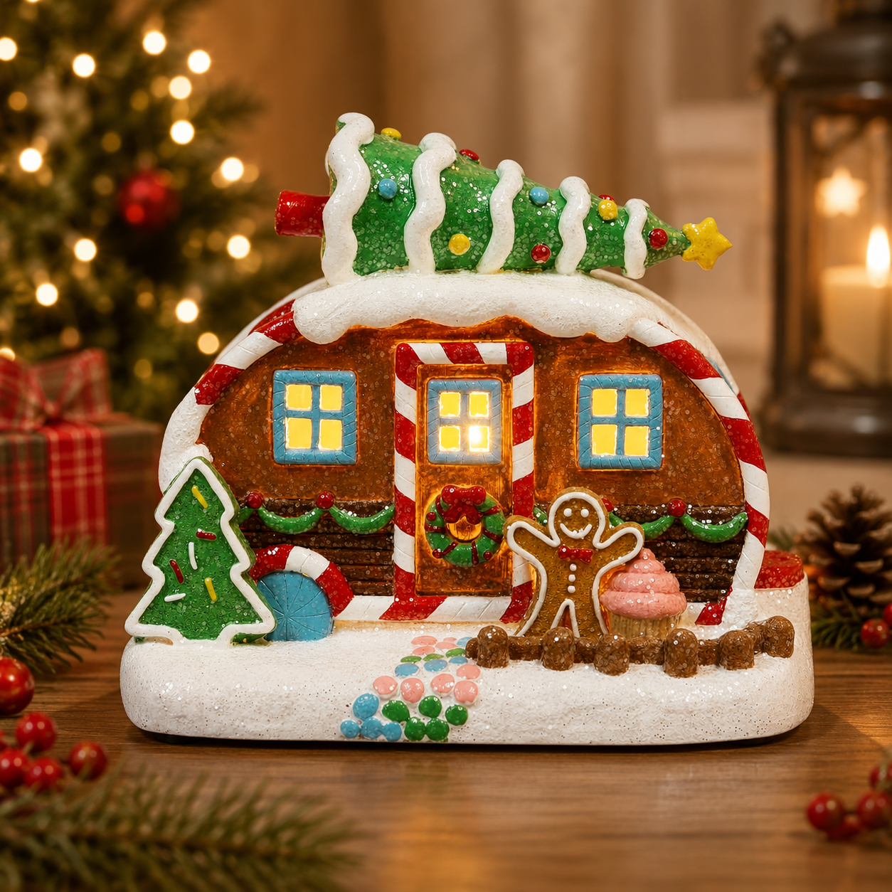 Christmas Gingerbread House Lighted Hand-Painted Resin