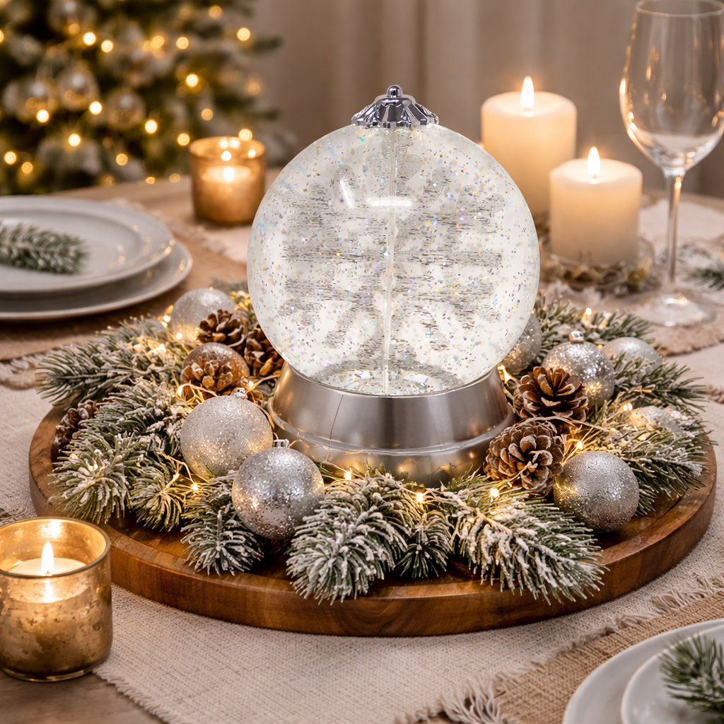 Christmas Lighted Snow Globe 6.5” Spinning Snowflake LED Water Globe