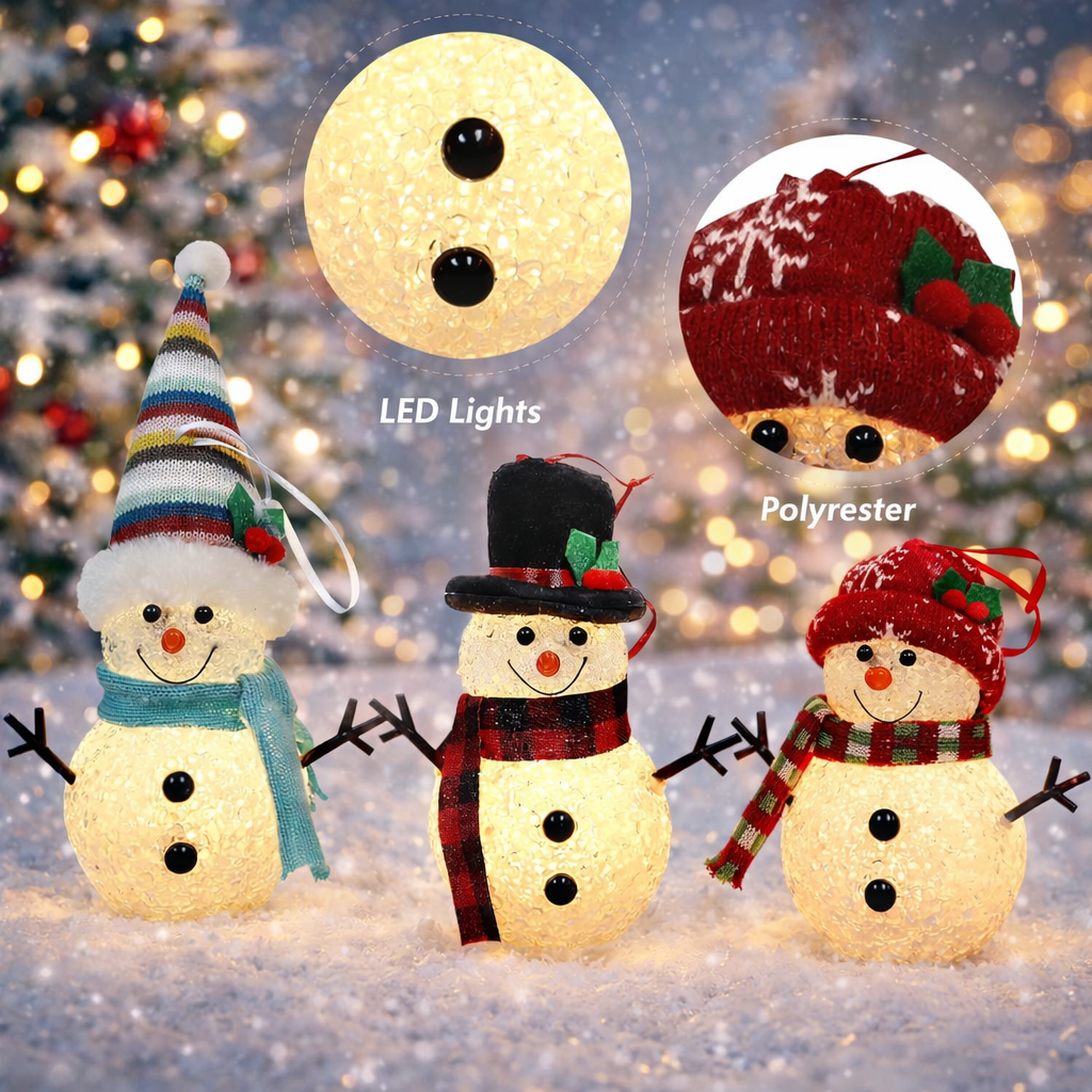 Christmas Snowman Ornaments Set of 3 Battery Operated LED Light-Up