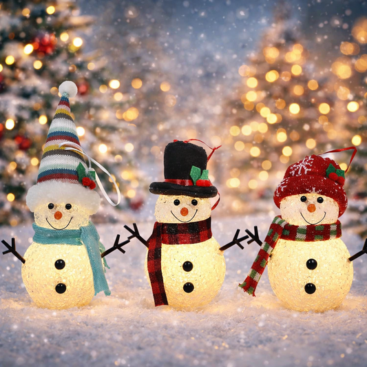 Christmas Snowman Ornaments Set of 3 Battery Operated LED Light-Up