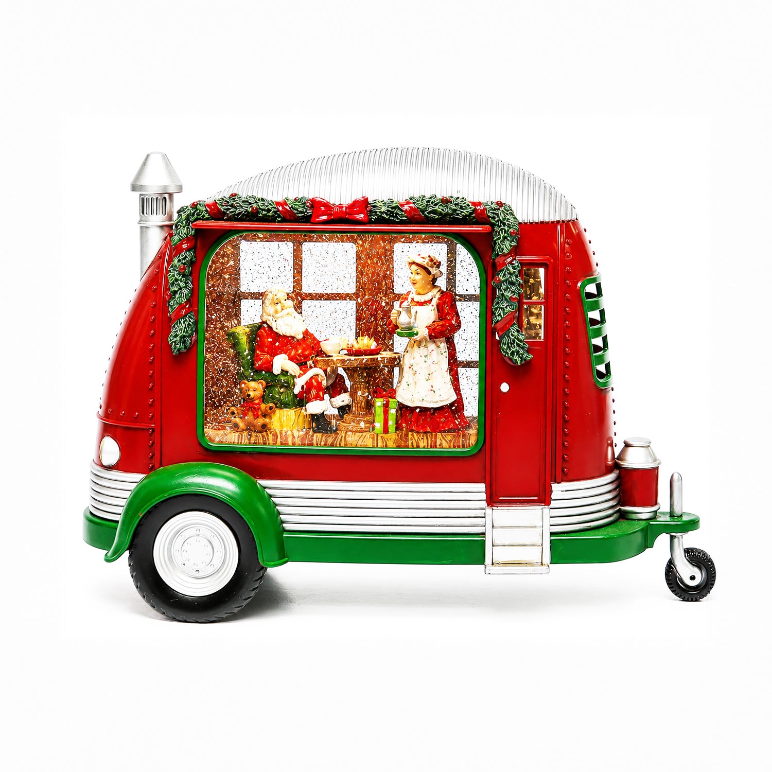 Christmas Trailer Snow Globe with Santa & Mrs. Claus by Moments in Time LED Lighted Water Spinning Scene