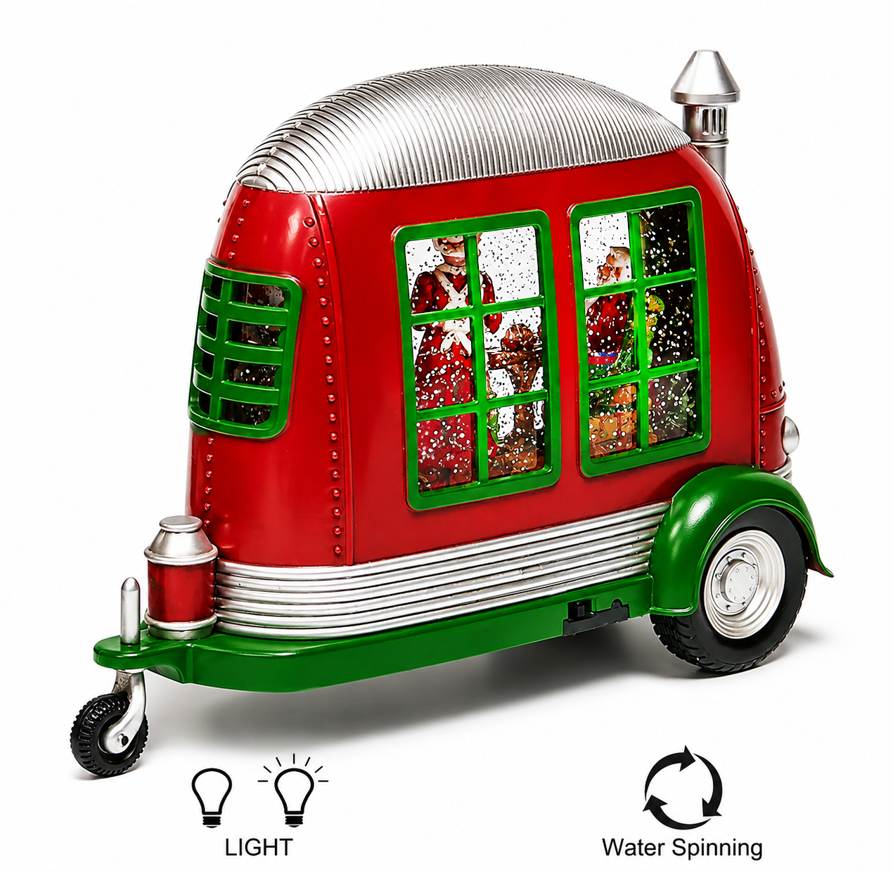 Christmas Trailer Snow Globe with Santa & Mrs. Claus by Moments in Time LED Lighted Water Spinning Scene