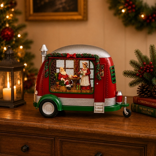 Christmas Trailer Snow Globe with Santa & Mrs. Claus by Moments in Time LED Lighted Water Spinning Scene