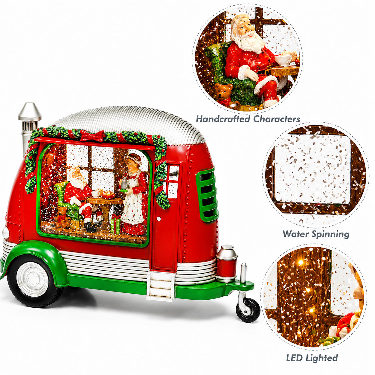 Christmas Trailer Snow Globe with Santa & Mrs. Claus by Moments in Time LED Lighted Water Spinning Scene