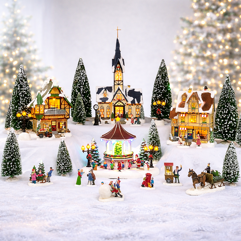 Christmas Village 30 Piece Set Miniature Town with LED Lights Battery Operated Holiday Décor Handcrafted Mini Houses, Church & Figurines for Christmas Display