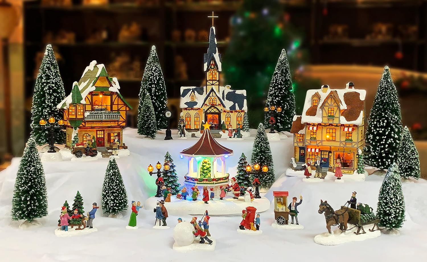 Christmas Village 30 Piece Set Miniature Town with LED Lights Battery Operated Holiday Décor Handcrafted Mini Houses, Church & Figurines for Christmas Display