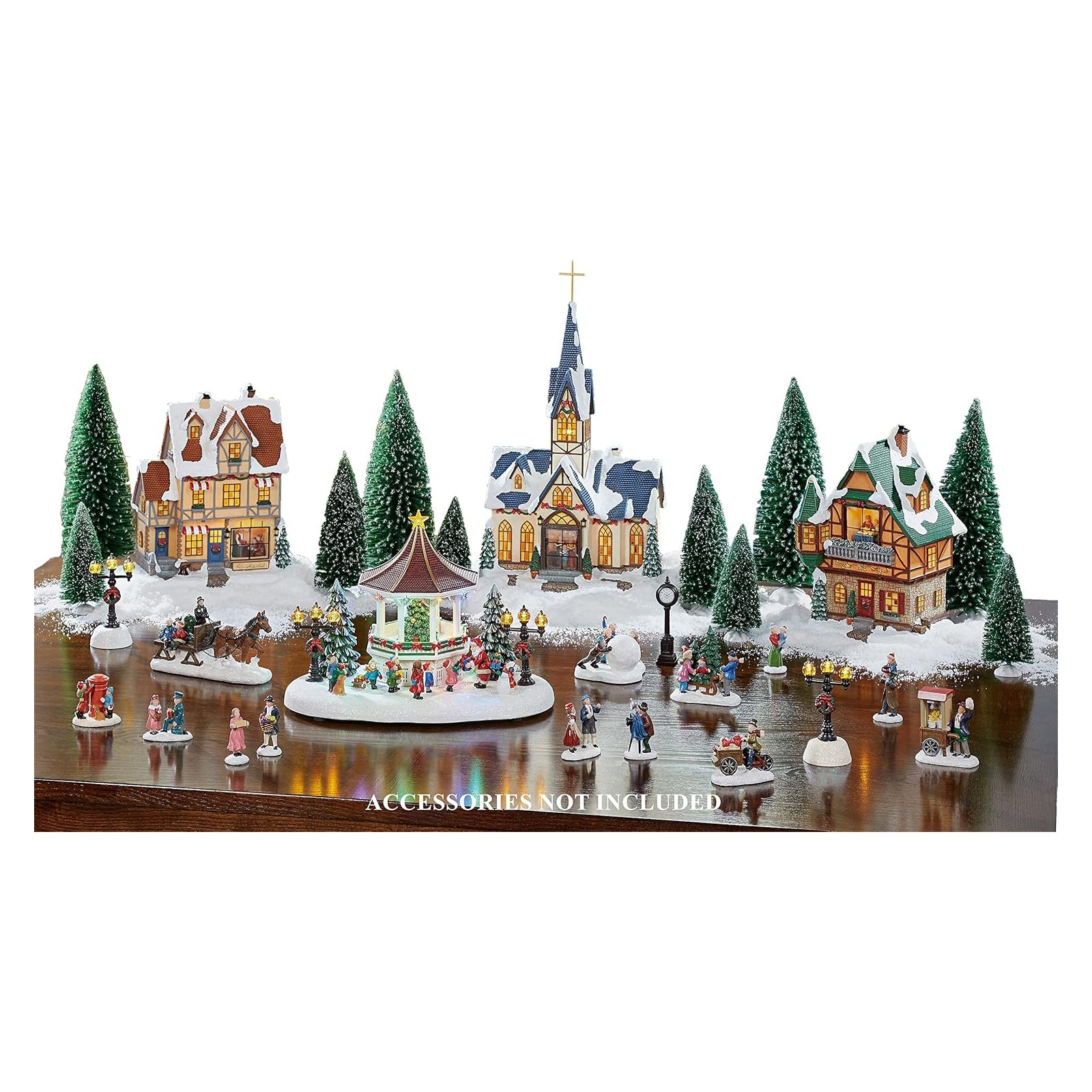 Christmas Village 30 Piece Set Miniature Town with LED Lights Battery Operated Holiday Décor Handcrafted Mini Houses, Church & Figurines for Christmas Display