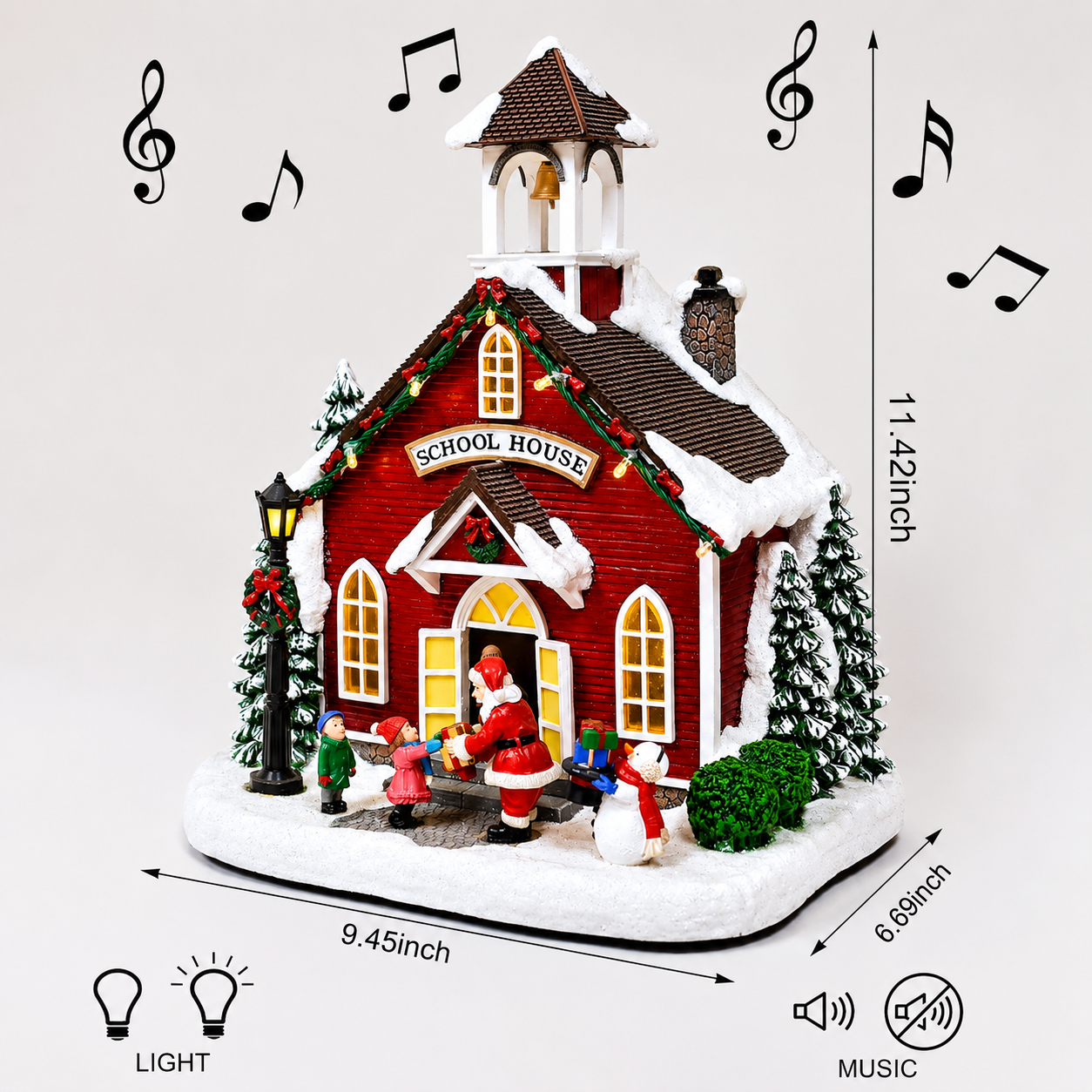Christmas Village LED Lighted School LED Lights, 8 Classic Carols Christmas Music, Adapter or Battery Operated